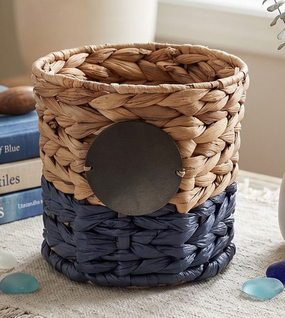 Thirty One Storage Basket 6” Tall Tan Blue Woven Wicker New Chalk Sign